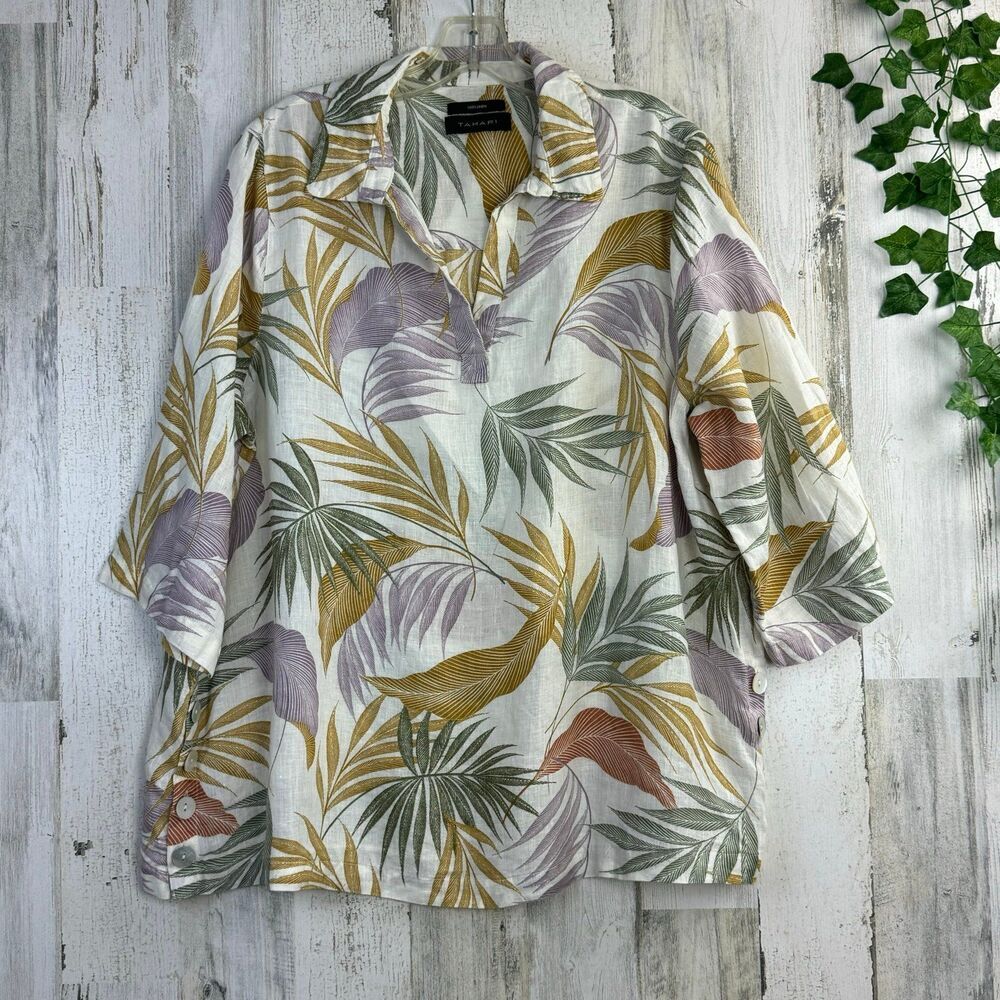 Tahari Womens L 100% Linen Shirt Short Sleeve Button Up Palm Leaf Print